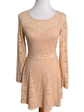 Material Girl Peach Lace Long Sleeve Fit Flare Dress